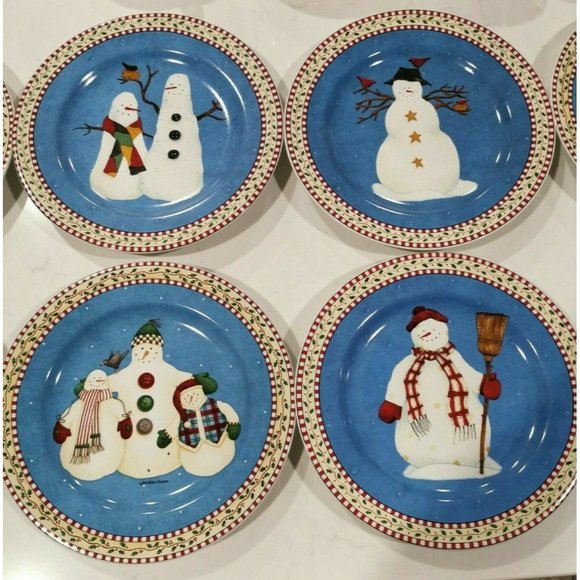 8 SAKURA Debbie Mumm SNOWMAN Salad Plates Christmas 8.25" - Picture 3 of 6